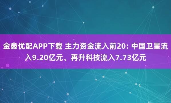 金鑫优配APP下载 主力资金流入前20: 中国卫星流入9.20亿元、再升科技流入7.73亿元
